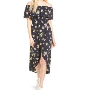 Soprano Navy Floral High Low Off the Shoulder Dress Size Large